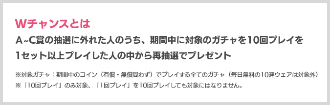 Wチャンスとは Ａ~C賞の抽選に外れた人のうち、期間中に対象のガチャを10回プレイを1セット以上プレイした人の中から再抽選でプレゼント ※対象ガチャ：期間中のコイン（有償・無償問わず）でプレイする全てのガチャ（毎日無料の10連ウェアは対象外）※「10回プレイ」のみ対象、「1回プレイ」を10回プレイしても対象にはなりません。